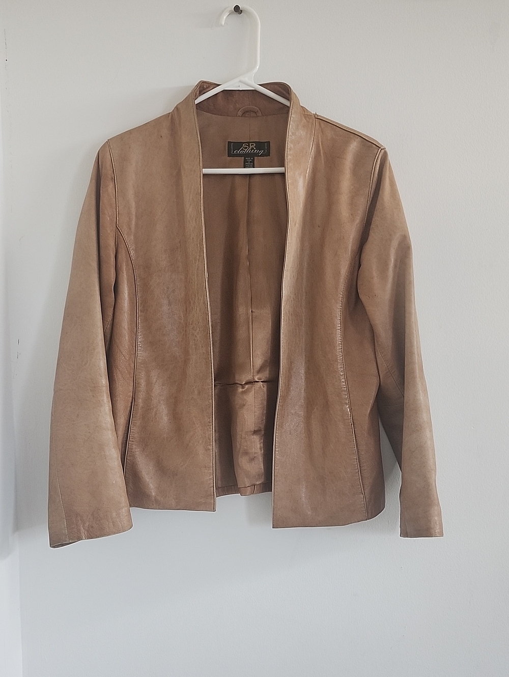 SD Collection Women’s Light Brown Calfskin Leather Open-Front Jacket